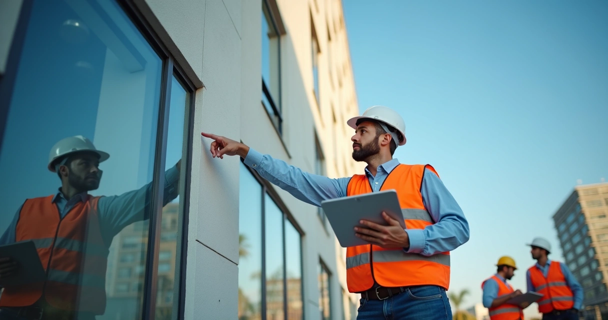 Engenheiro realiza vistoria em edifício com tablet em mãos 