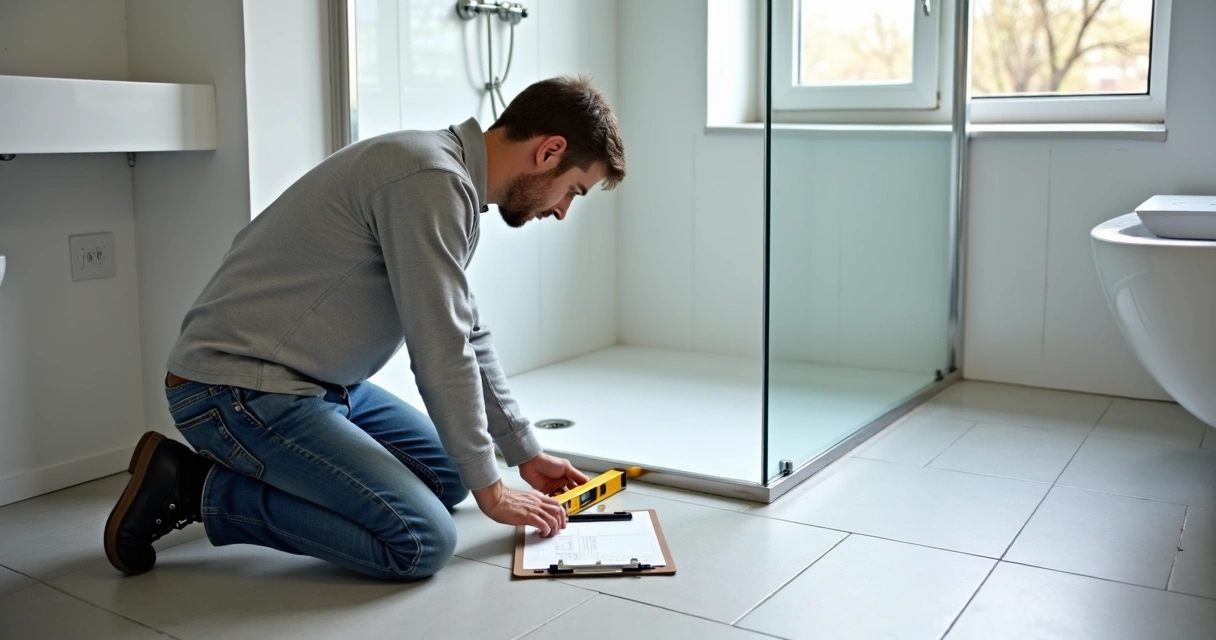 Profissional verificando piso e ralo de banheiro reformado