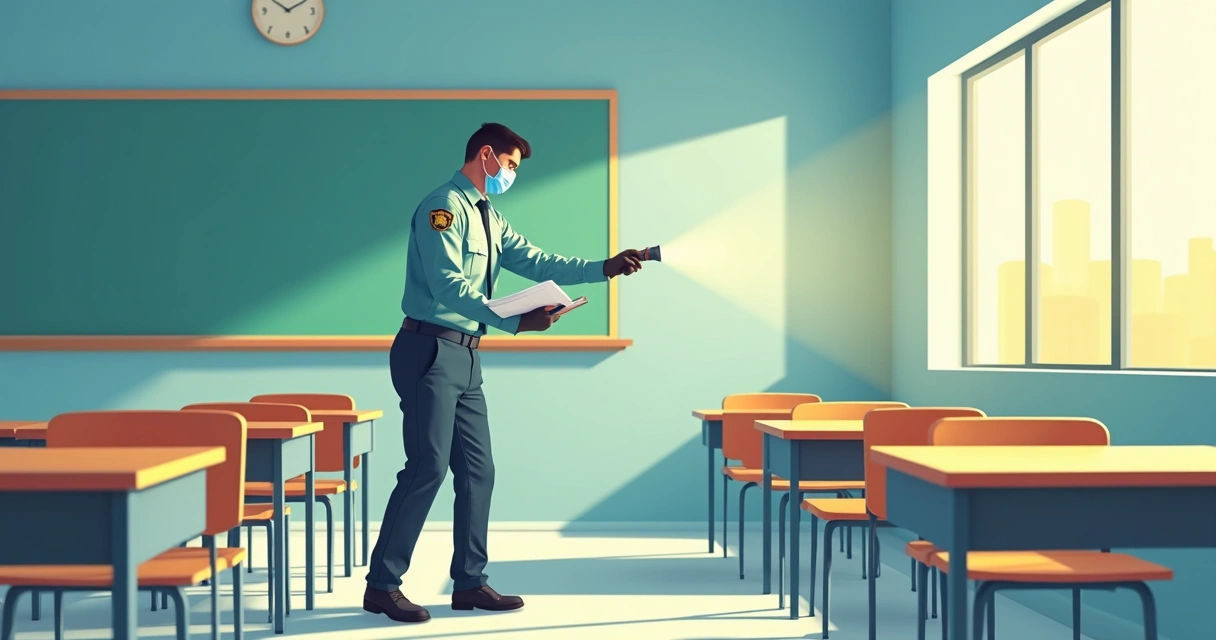 Profissional realizando inspeção de pragas em sala de aula vazia 