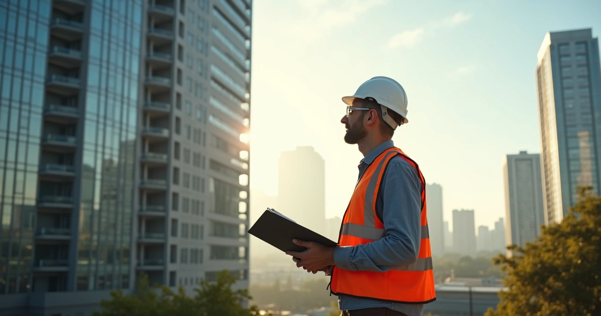 Engenheiro vistoriando fachada de edifício com capacete e prancheta 