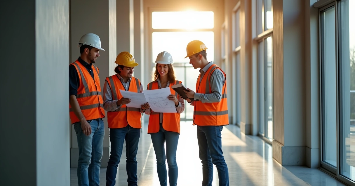 Equipe realizando vistoria predial discutindo o laudo em pranchetas 