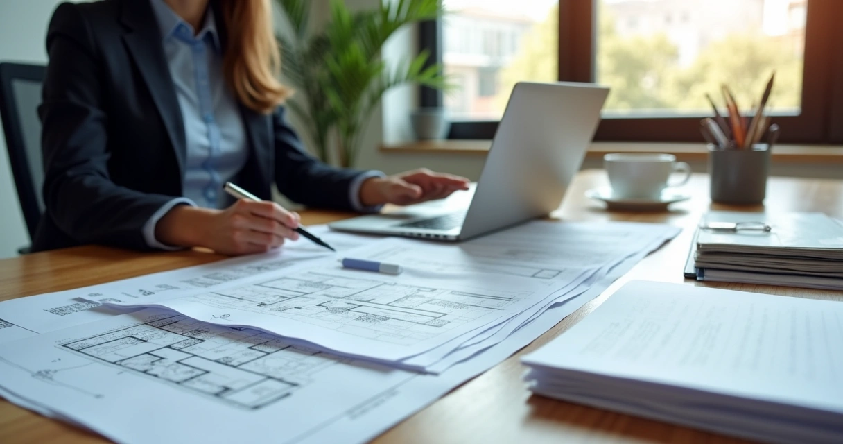 Profissional analisando documentos de manutenção em mesa de escritório 