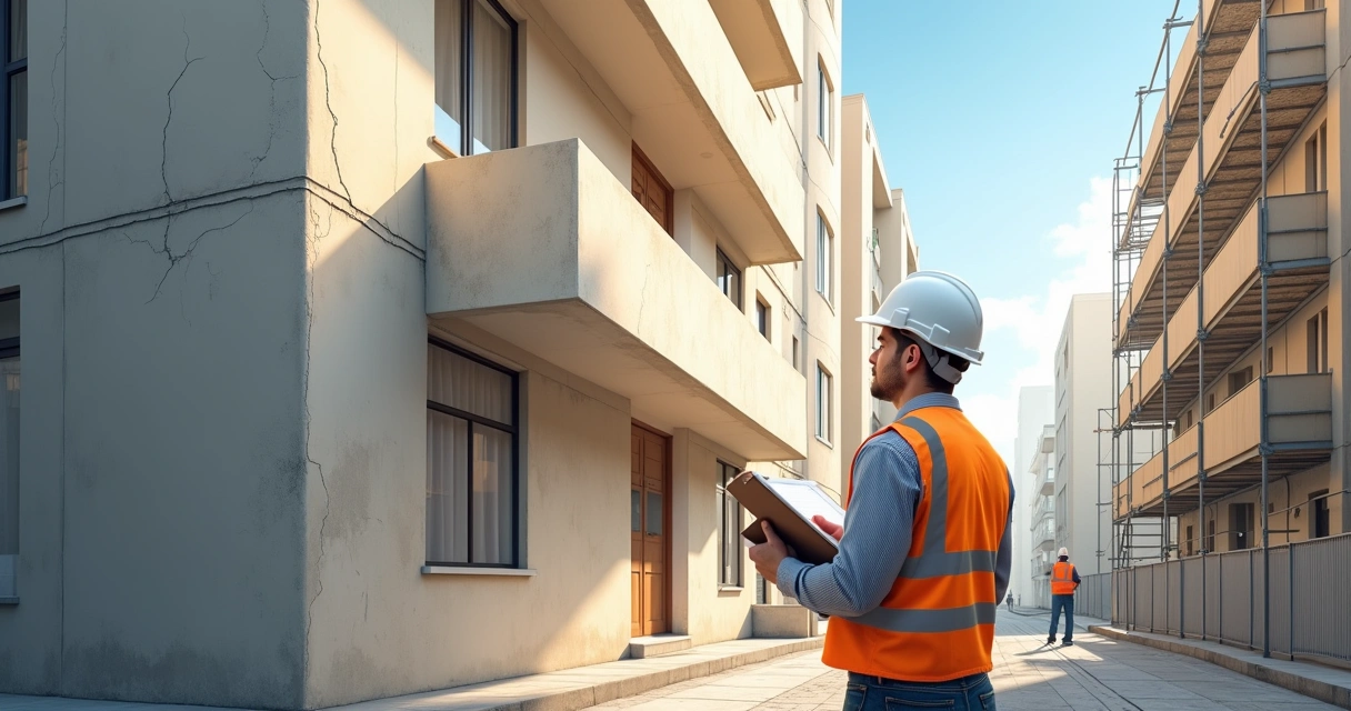 Engenheiro de capacete faz vistoria em fachada de prédio com prancheta 