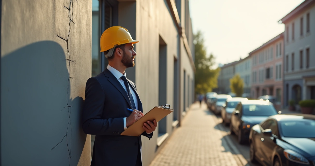 Engenheiro usando prancheta faz vistoria em fachada de prédio residencial 