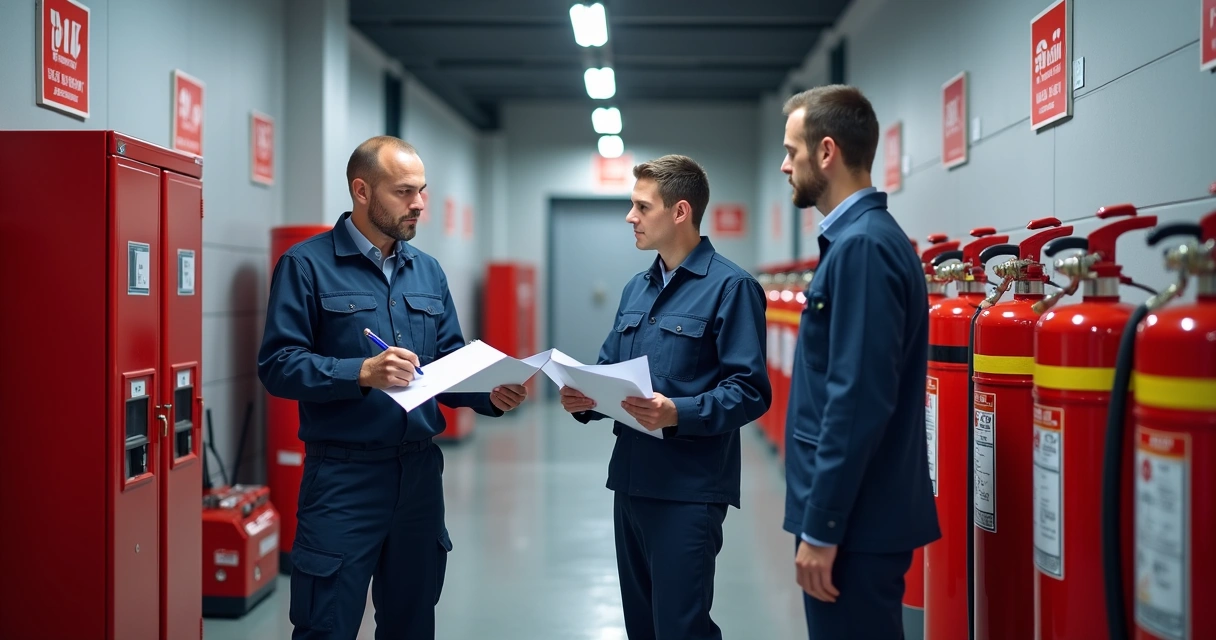 Bombeiro AVCB e CLCB: Equipe de técnicos vistoriando equipamentos de prevenção a incêndio em prédio comercial 