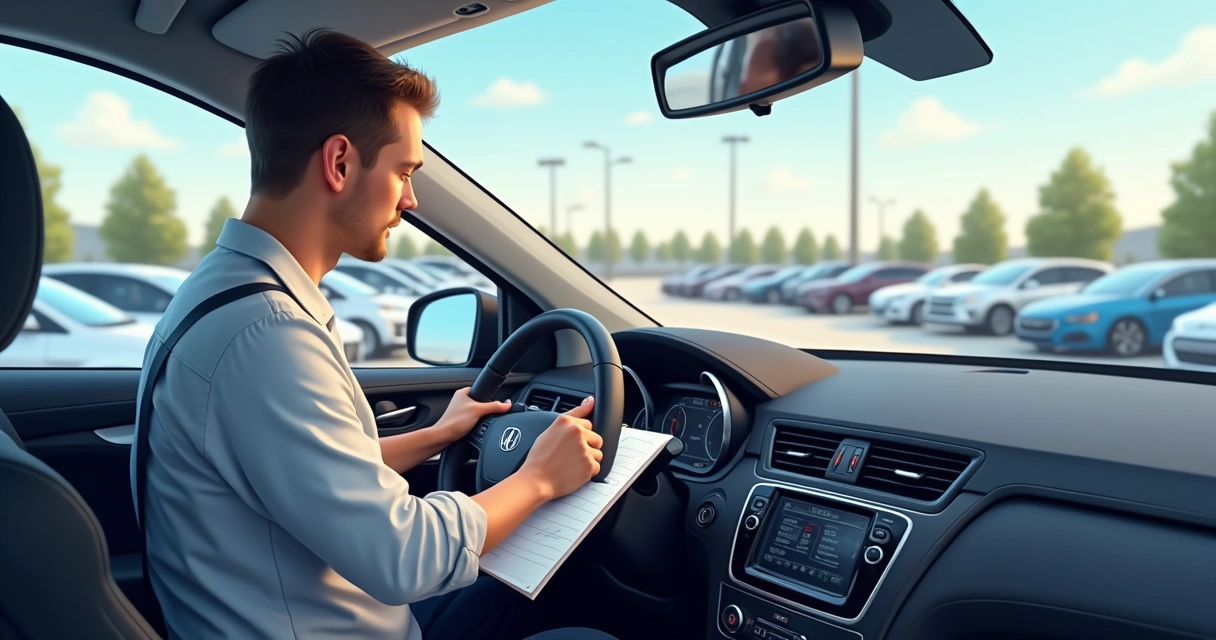 Especialista examinando carro novo no pátio da concessionária 
