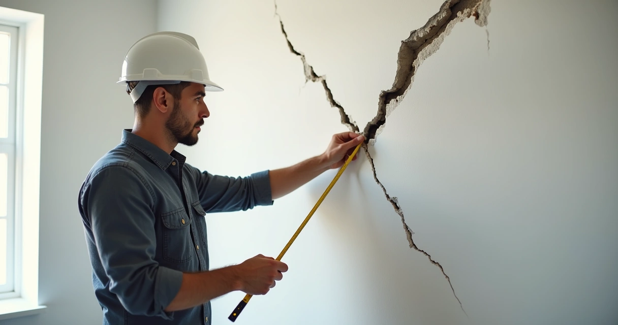 Engenheiro avaliando trinca grande em parede de imóvel 