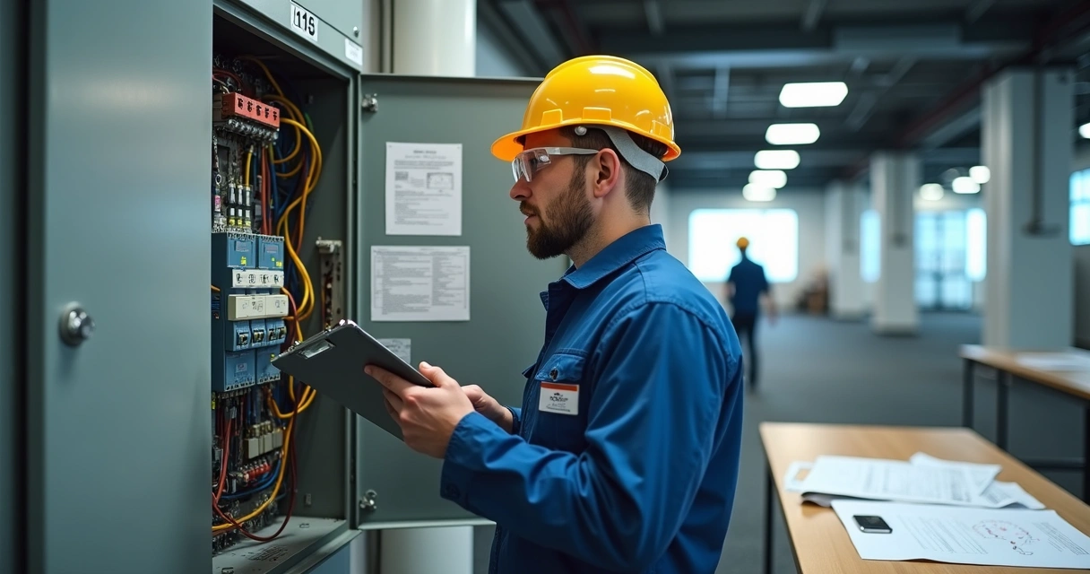 Perito avaliando quadro elétrico em vistoria 