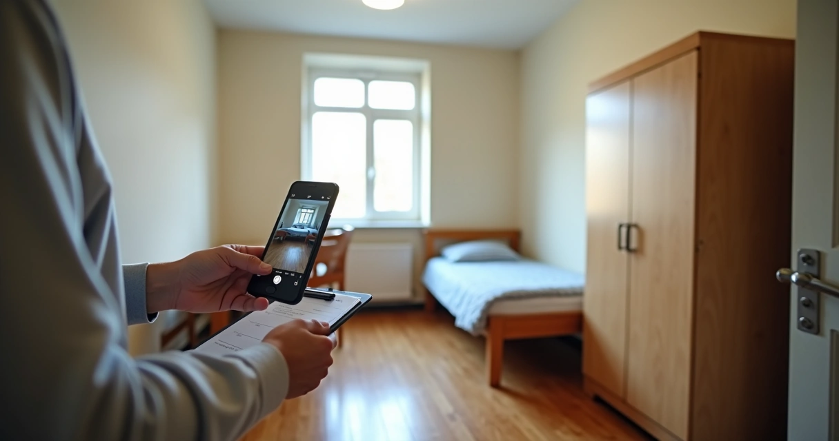 Quarto mobiliado sendo vistoriado com prancheta e fotos 