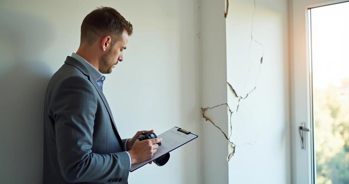 Engenheiro faz vistoria registrando rachadura na parede de apartamento com prancheta e câmera 
