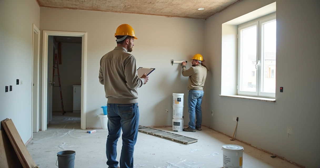Profissional analisando reforma residencial com prancheta 