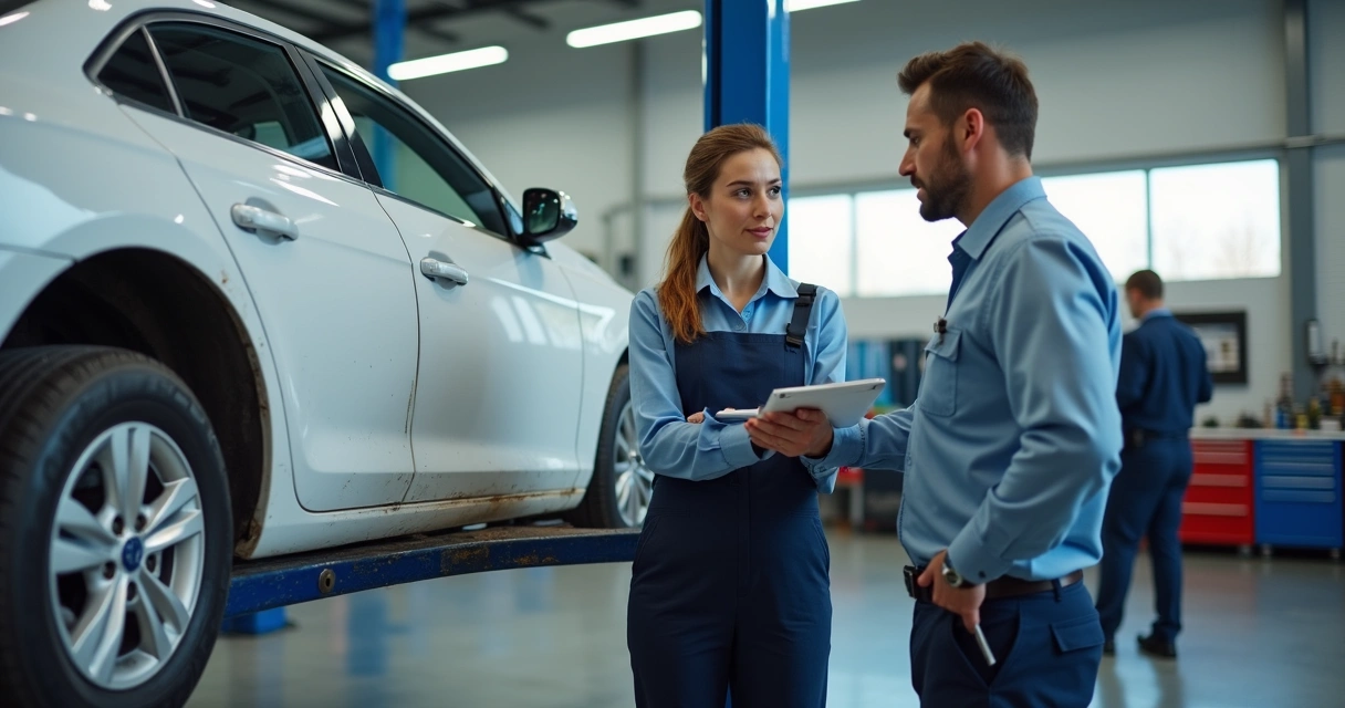 Funcionário de seguradora analisando carro em oficina mecânica 