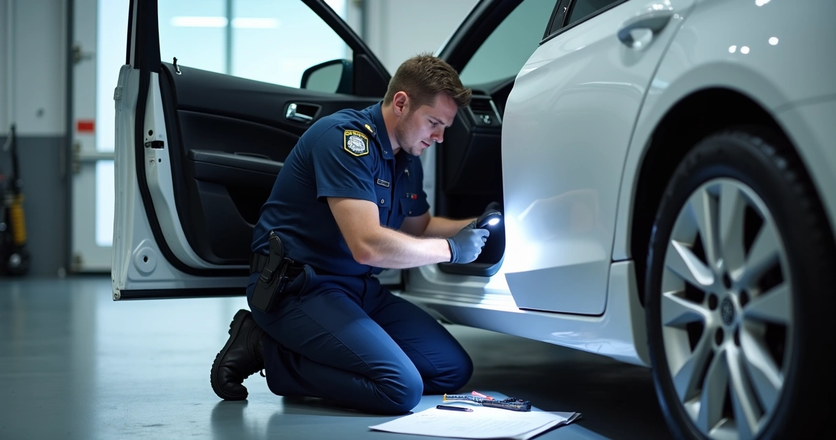 Agente vistoriando número do chassi de carro em oficina 