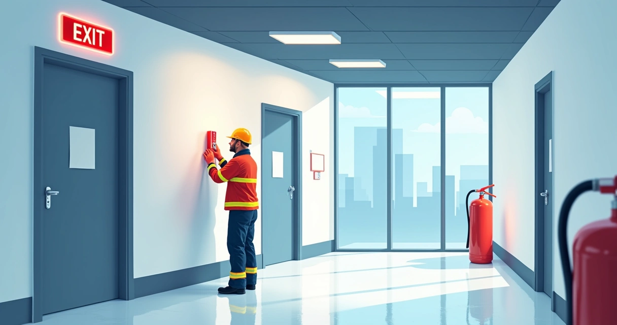 Bombeiro conferindo sinalização de emergência em prédio 