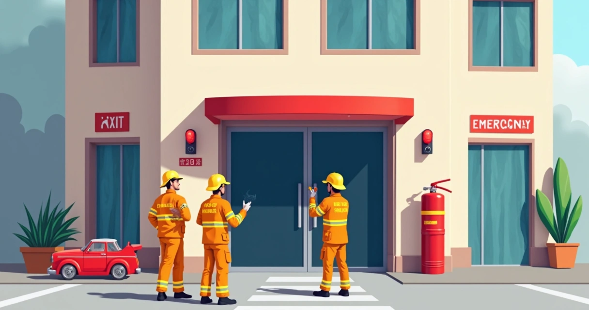 Corpo de Bombeiros vistoriando fachada de prédio comercial com equipamentos de segurança visíveis 