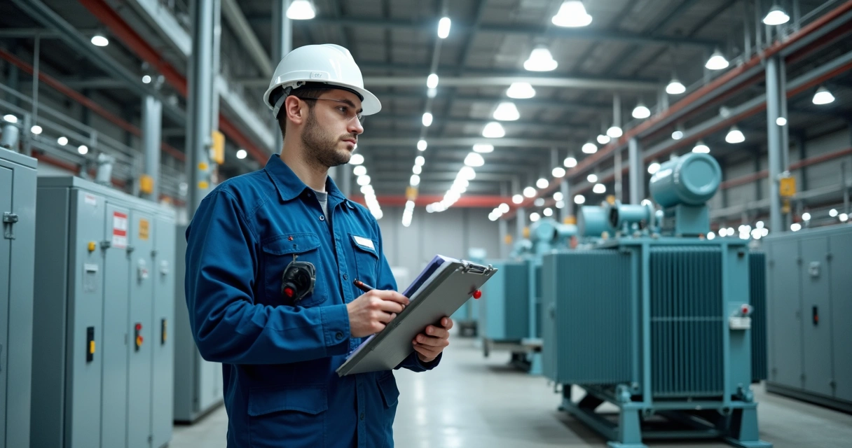 Técnico realizando inspeção em para-raios industrial com prancheta e EPI 