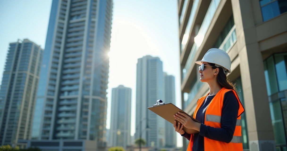 Técnico realizando vistoria em edifício com prancheta na mão 
