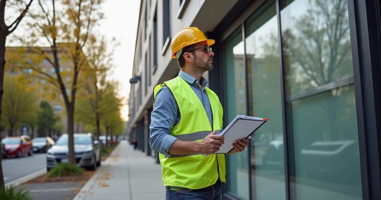 Profissional de engenharia realizando vistoria técnica em fachada de prédio com prancheta 