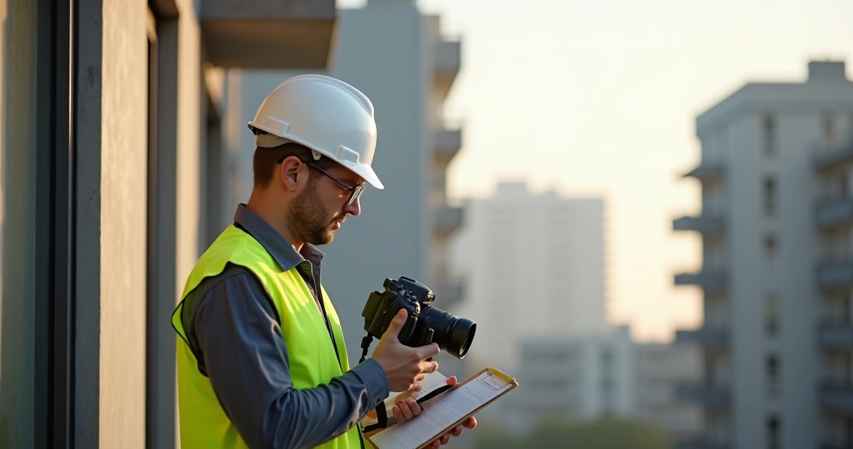 Engenheiro inspecionando fachada de prédio com prancheta e câmera 