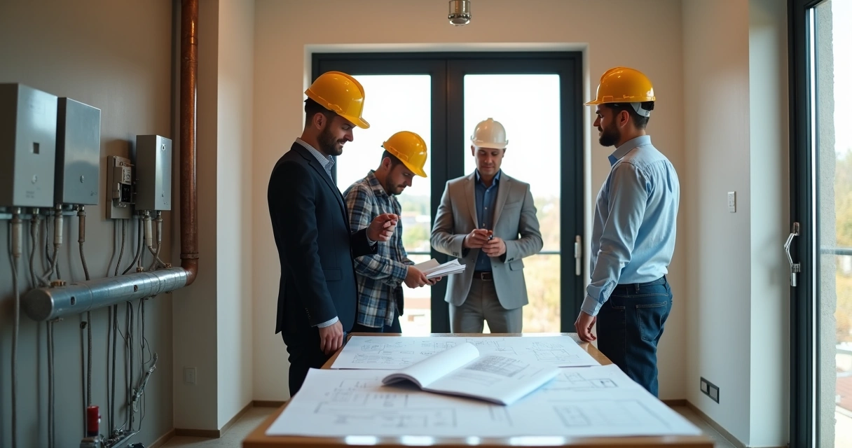 Equipe técnica vistoriando instalações de imóvel 