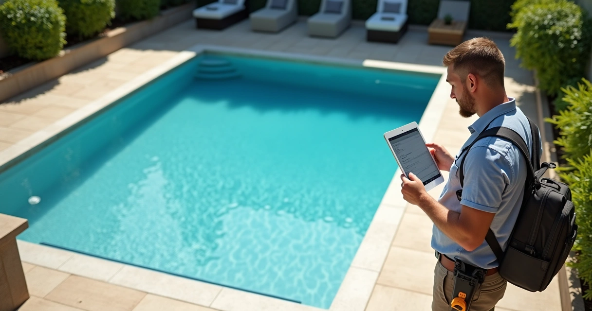 Profissional de vistoria preenchendo checklist ao lado de piscina residencial