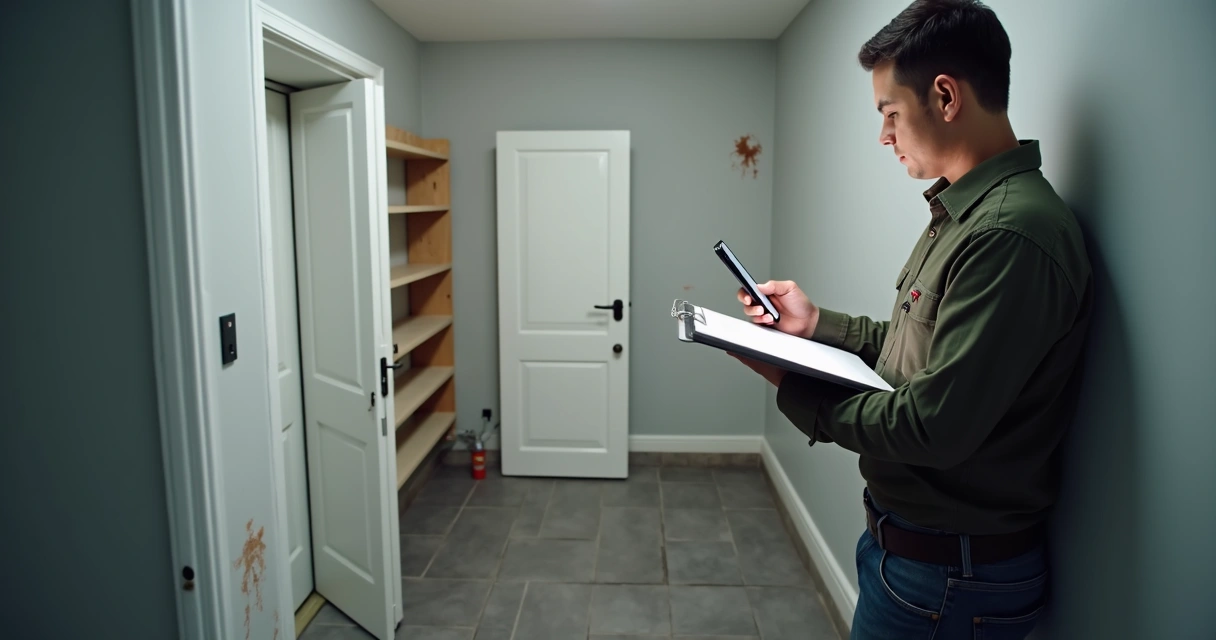 Vistoriador registrando umidade em depósito residencial