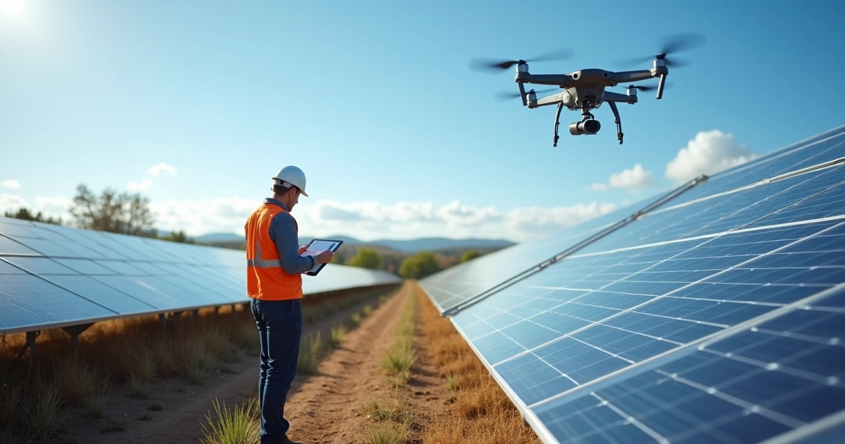 Inspeção técnica em usina fotovoltaica com drone e prancheta