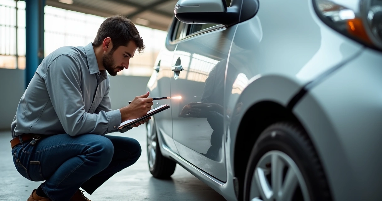 Perito avalia danos na lataria de um carro usado 