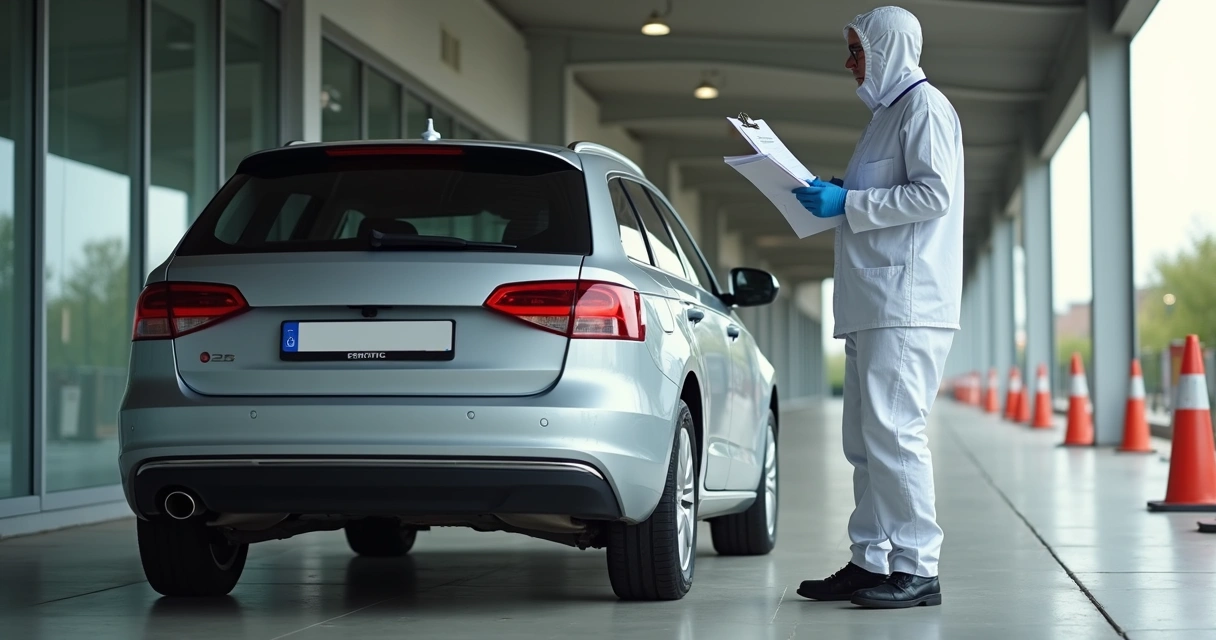 Vistoria técnica de veículo com documentos e checklist ao lado do carro 