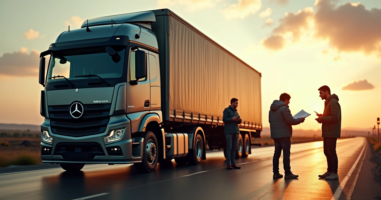 Equipe inspecionando van de transporte fretado junto a motorista