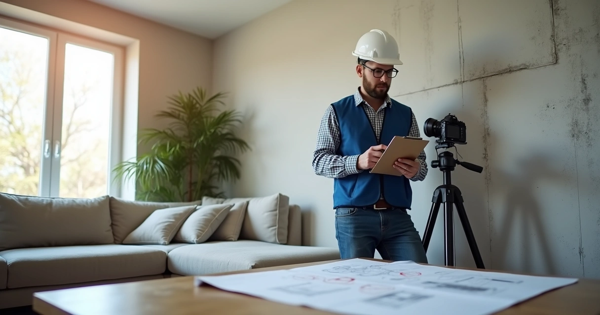 Engenheiro realiza vistoria em obra com trincas e anotações em prancheta 
