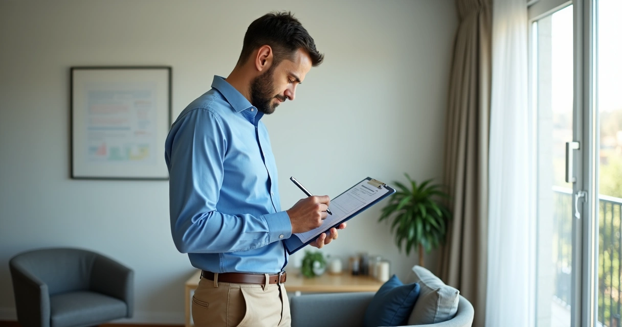 Vistoriador preenchendo laudo com checklist em tablet