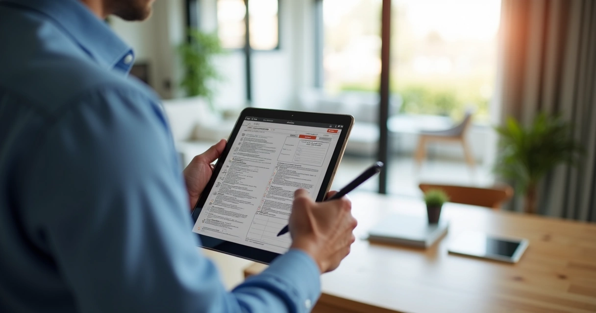Vistoriador de imóveis usando tablet enquanto inspeciona apartamento moderno