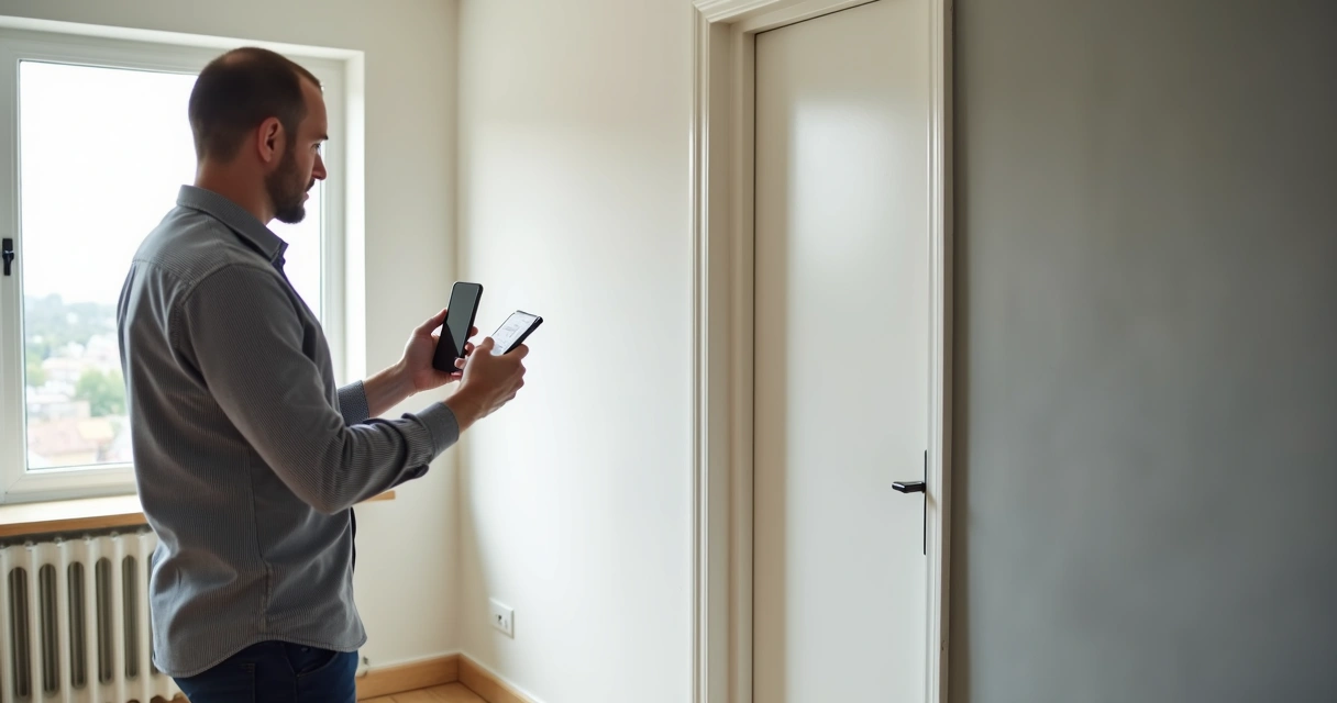 Vistoriador fotografando porta e piso de apartamento