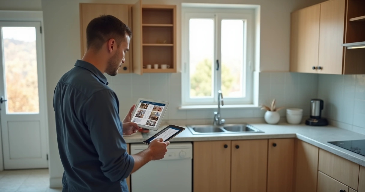 Profissional fotografando cozinha de imóvel com tablet 