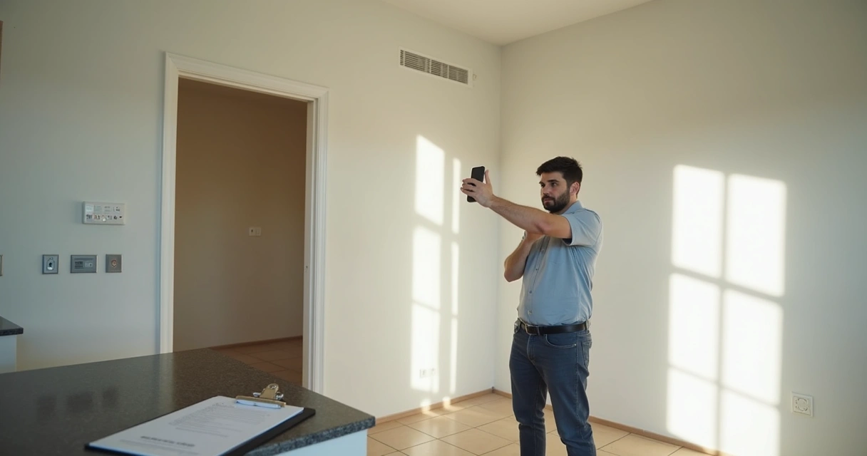 Vistoriador fotografando parede de imóvel com celular 