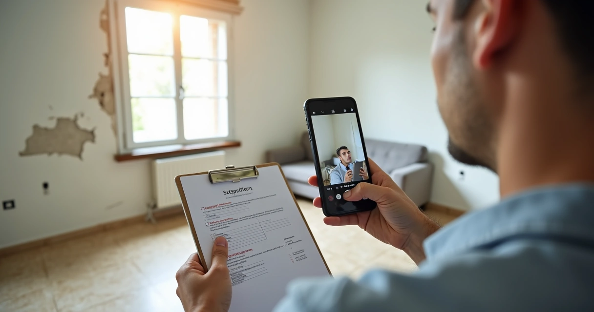 Vistoriador registrando fotos de danos em apartamento