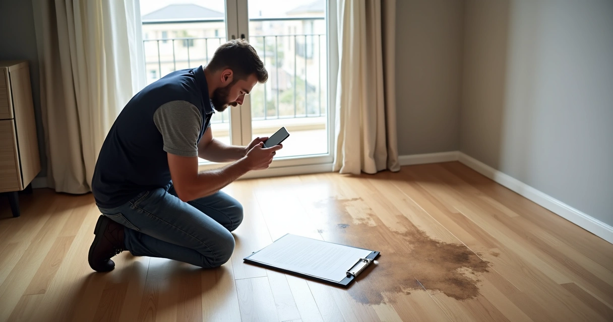 Vistoriador fotografando manchas em piso laminado