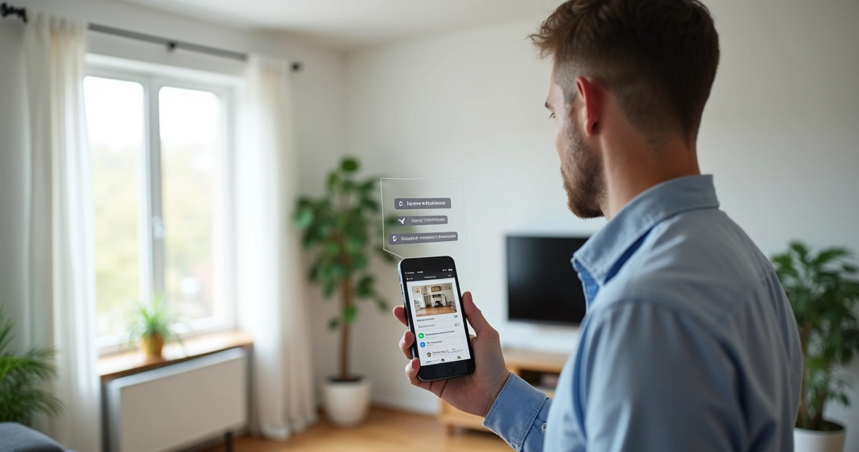 Vistoriador usando aplicativo de vistoria com IA em ambiente residencial