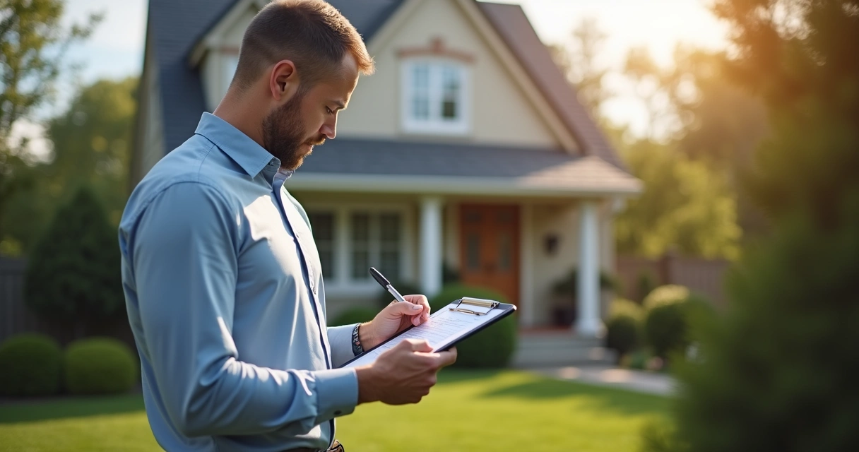 Pessoa fazendo checklist de vistoria em imóvel durante visita para leilão, com prancheta e caneta em mãos, imóvel residencial ao fundo com detalhes claros e luz natural 