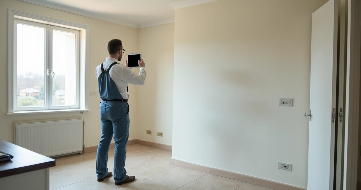 Vistoriador fotografando parede e piso em apartamento vazio 
