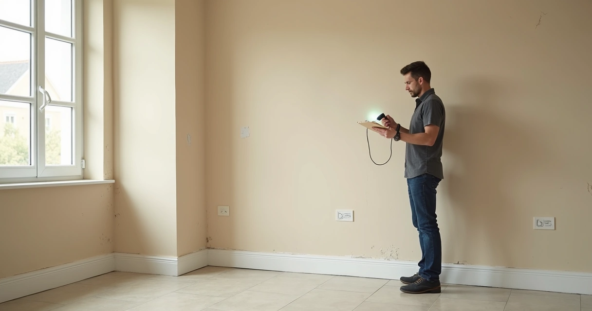 Vistoriador observando parede com lanterna em sala vazia 