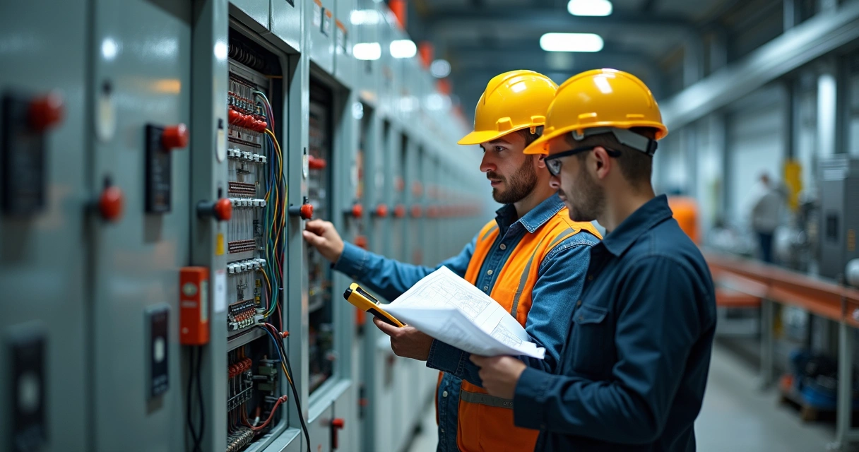 Engenheiros realizando vistoria em instalação elétrica e equipamentos mecânicos 