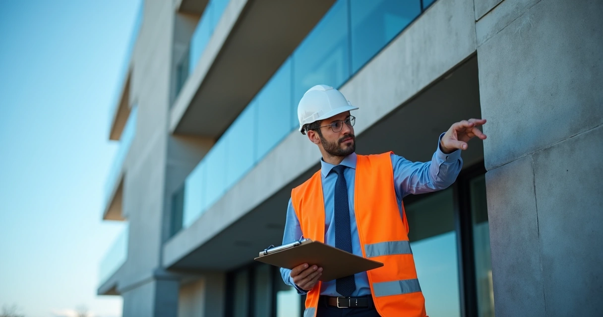 Engenheiro civil realizando vistoria técnica em fachada de edifício com prancheta na mão 