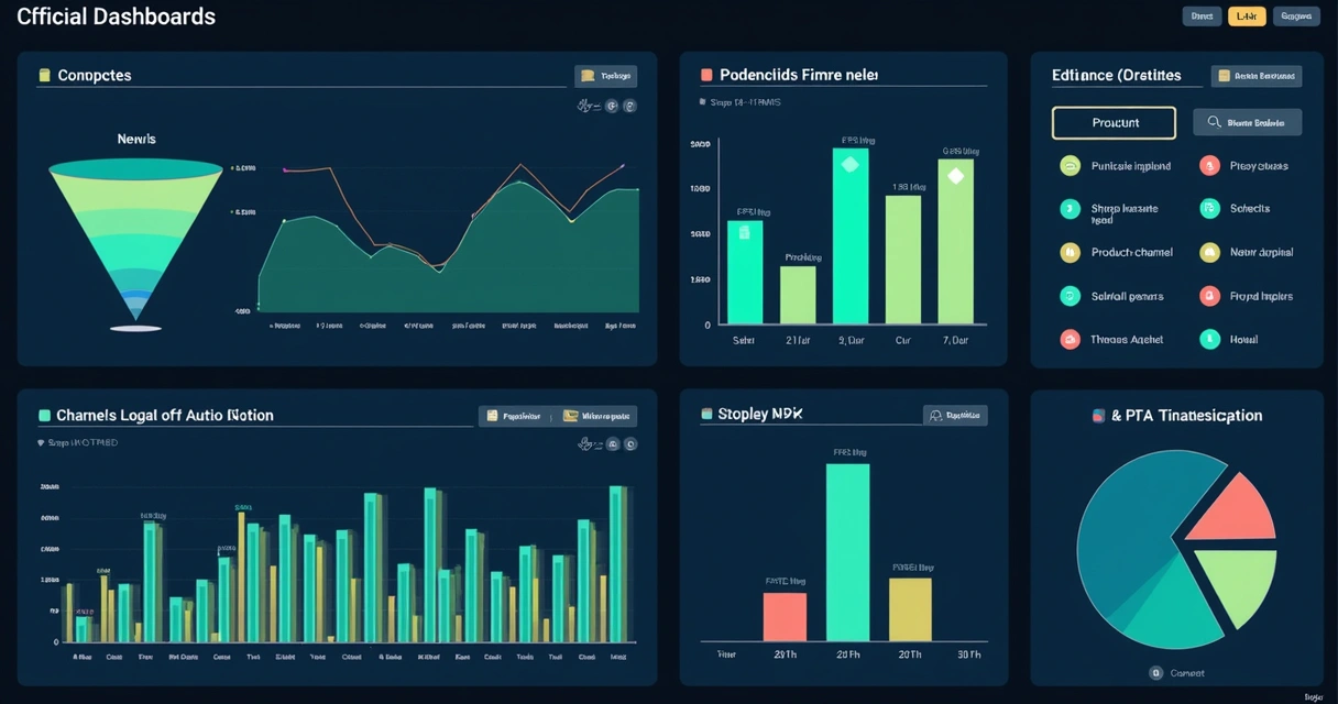 Gráficos e indicadores variados em painel de vendas digital bem organizado