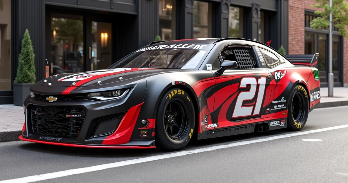 Carro comum com visual de corrida NASCAR estacionado na rua. 