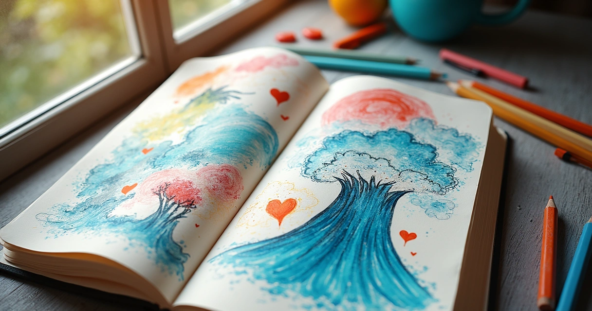 Journal page filled with colorful sketches representing moods