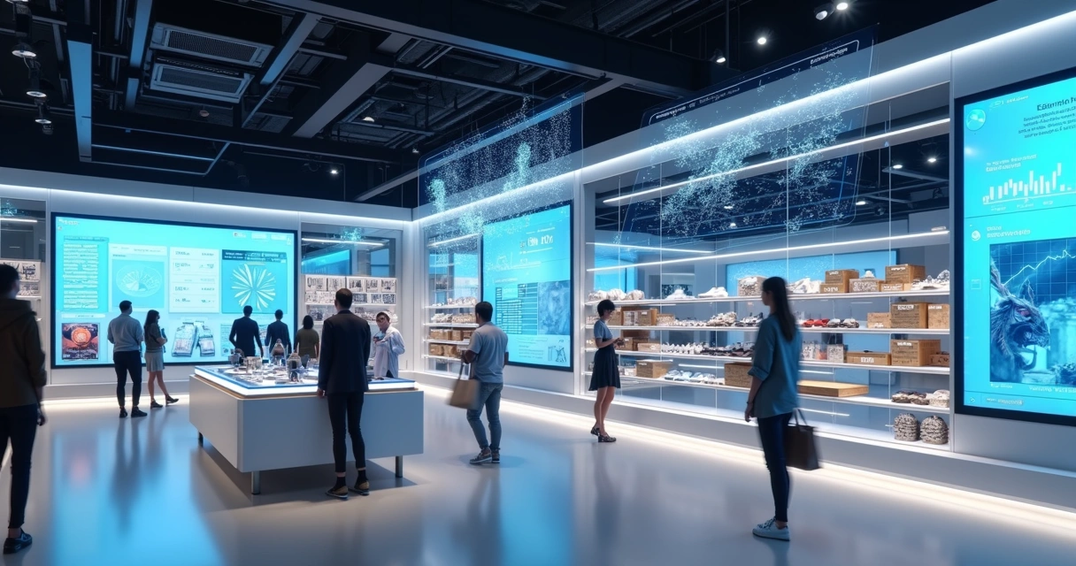 Loja de varejo moderna com displays digitais e iluminação estratégica mostrando visual merchandising inteligente integrado com dados e inteligência artificial 