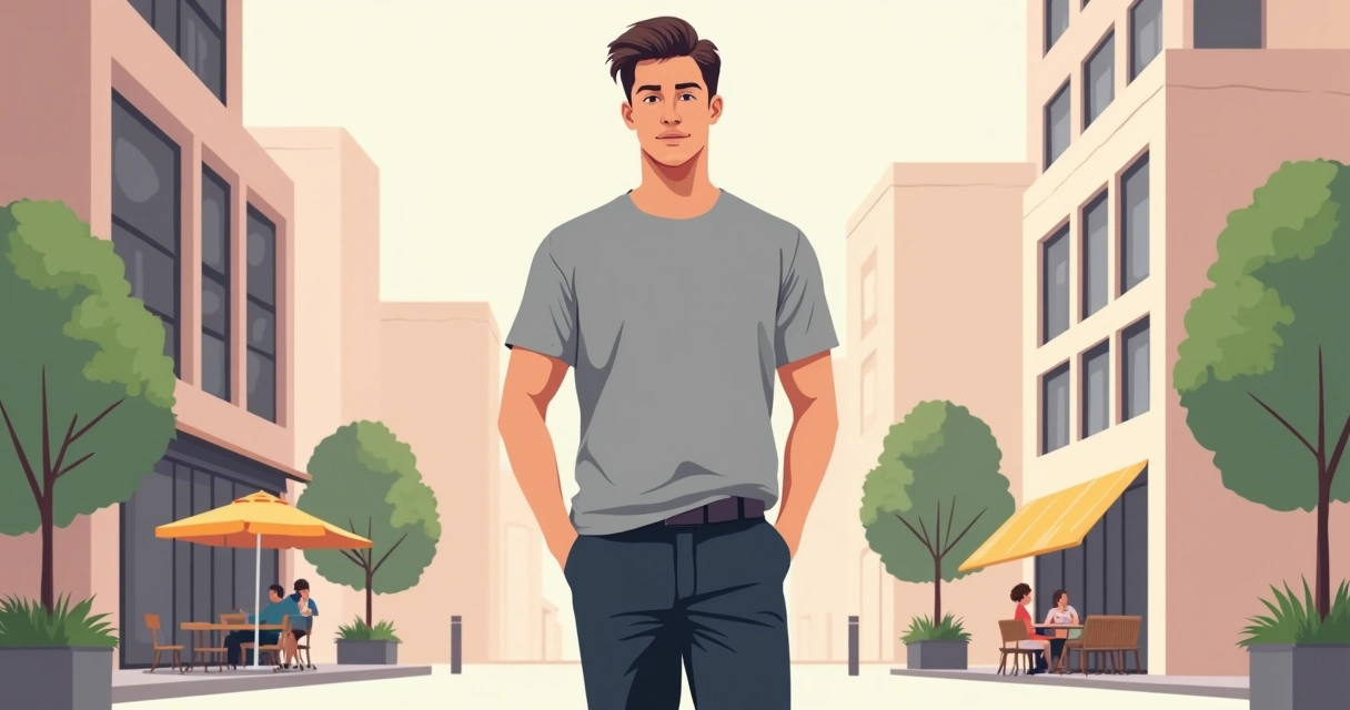 Homem moderno usando camiseta básica premium cinza e calça de alfaiataria em ambiente urbano