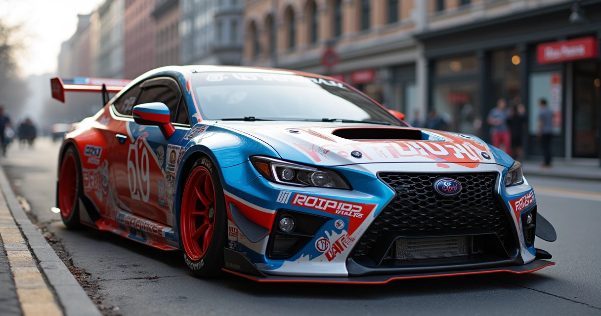 Carro comum com adesivos e spoiler, estilo NASCAR, em ambiente urbano 